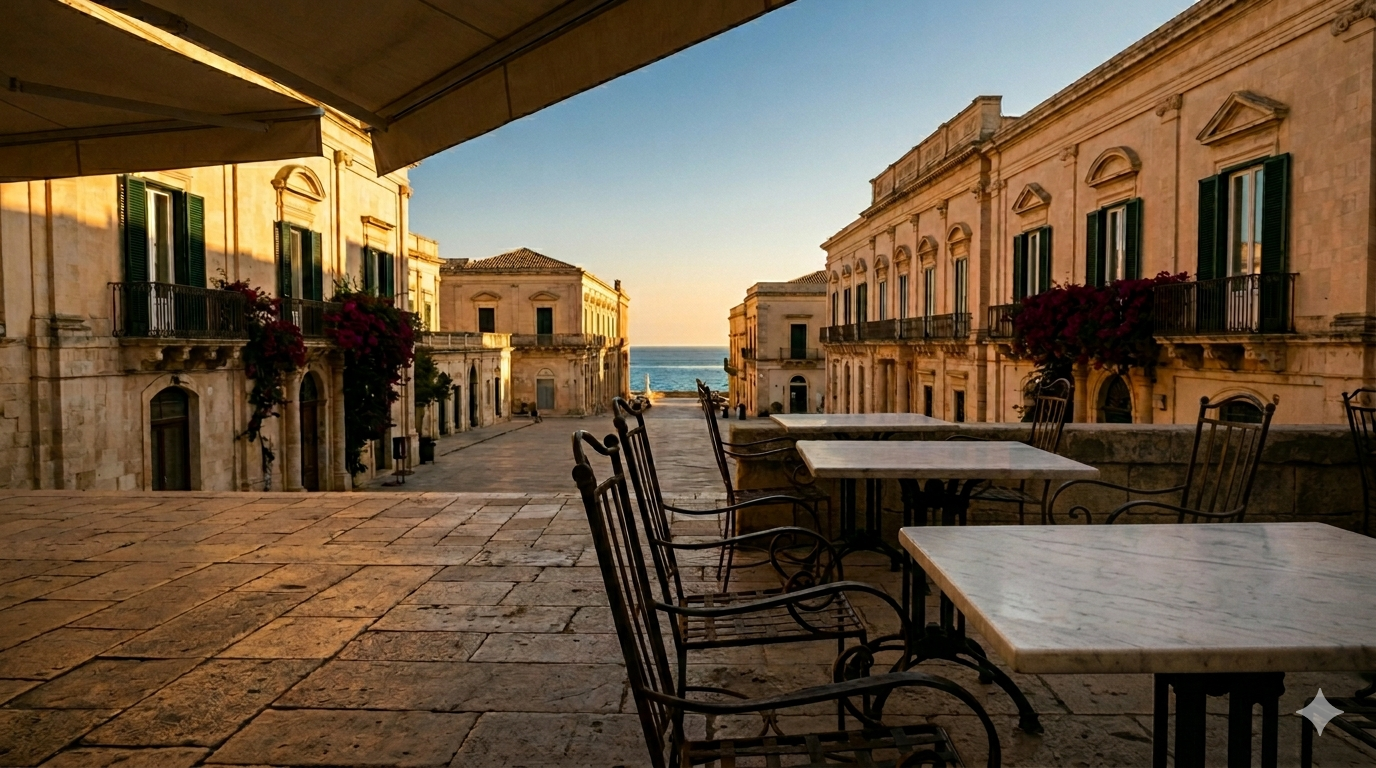 A Sicilian seaside piazza at golden hour